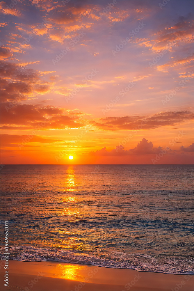 Obraz premium Golden Sunset Over Calm Ocean with Dramatic Cloudy Sky