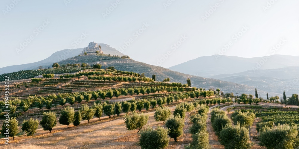 Naklejka premium Rolling hills feature olive groves, vineyard rows. Distant mountain peak dominates landscape. Warm sunlight bathes terrain. Peaceful rural scene.