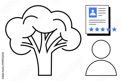 Tree symbol paired with user profile and five-star rating icons. Represents environmental responsibility, identity management, user experience, and online reputation. Ideal for business