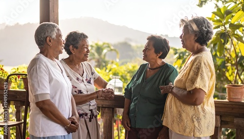 Four elderly Asian women enjoying a lively conversation on a sunny outdoor balcony, surrounded by lush greenery and a scenic mountain backdrop.