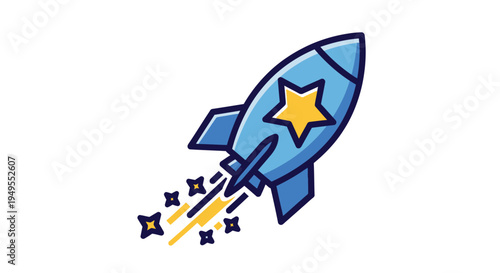 Blue Rocket Launching with Stars and Sparks in Bright Studio