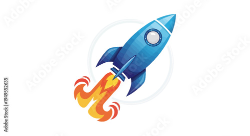 Blue Spaceship Rocket Flying with Fire Trail on Isolated White Background