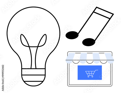 Entrepreneurship, online shopping, creative ideas, innovation, music industry, digital commerce. A lightbulb, music notes and a storefront with a cart icon. Innovation and e-commerce concepts