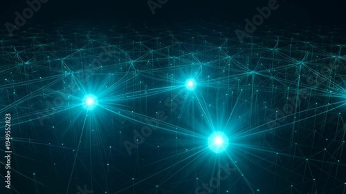 Abstract technology network with glowing nodes and connecting lines in teal color