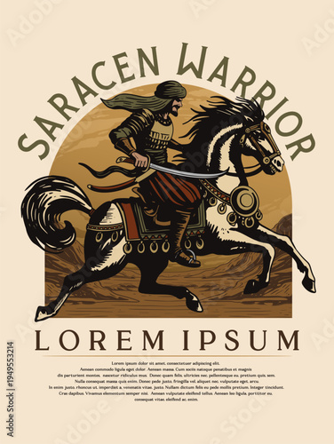 Vintage Saracen Warrior on Horseback Medieval Illustration for Labels Apparel and Poster Design