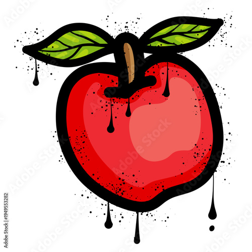 Red apple with spray paint graffiti splatter and drips.