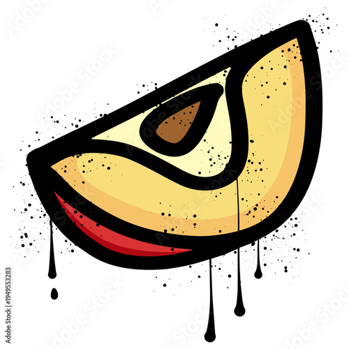 Red apple slices with spray paint graffiti splatters and drips.