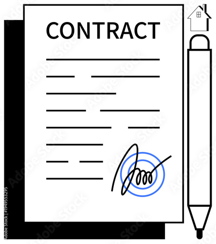 Legal processes, real estate, agreements, signatures, validation, business documentation. A contract with a signature and pen a house symbol. Legal processes and real estate agreement concept