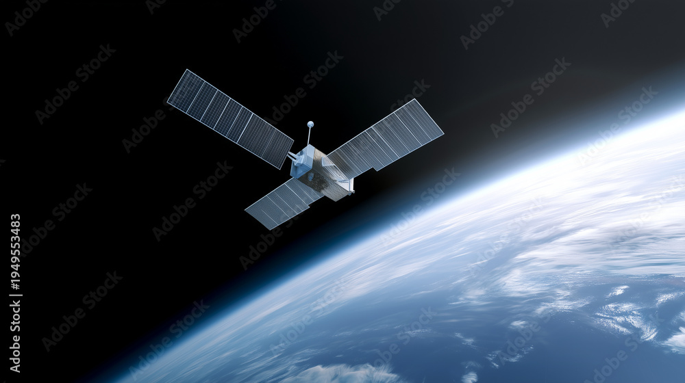 Obraz premium Detailed satellite with solar panels flying above Earth in realistic orbital view Realistic orbital scene of a detailed satellite with wide solar panels flying above the curved hor