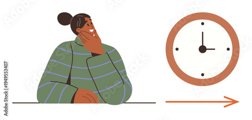 Time management, decision-making, planning, progress, future goals, focus. A person rests their head with a thoughtful expression beside a clock and arrow. Time management and decision-making concept