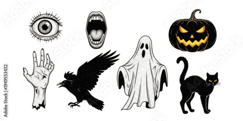 Creepy Halloween collage elements with vintage stippling photocopy effect. Eye, mouth, zombie hand, pumpkin jack, raven, ghost, cat with experimental grunge dotted texture. Retro vector illustration