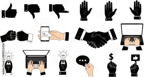 Hands illustrations. Vector concepts of hands in different activities. Creative illustrations for graphic and web design, marketing, business presentation, social media