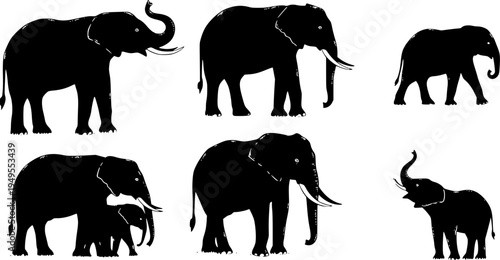 set of elephant silhouettes. Elephant shadow hand drawn. Flat vector illustration.
