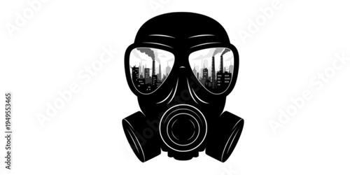 Black and white gas mask icon with urban cityscape reflection in lenses, symbolizing pollution and environmental crisis
