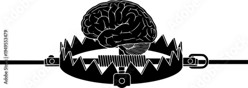 Brain in a Trap: Conceptual black and white icon showing a human brain caught in a steel trap, representing neurological addiction and the reward system loop