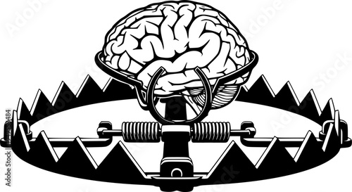 Brain in a Trap: Conceptual black and white icon showing a human brain caught in a steel trap, representing neurological addiction and the reward system loop
