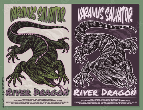 Asian Water Monitor Lizard Vintage Illustration River Dragon Reptile Graphic for T Shirt Poster