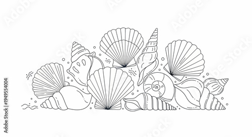 Detailed Line Art Collection of Various Seashells on Isolated White Background