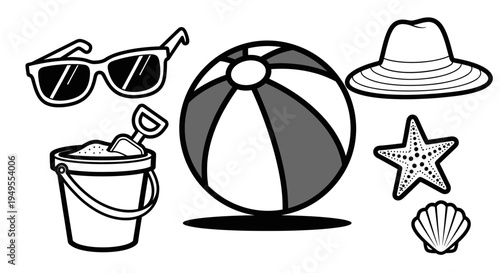 Black and White Beach Vacation Items including Sunglasses, Sand Bucket, Beach Ball, Hat and Starfish on Isolated White Background