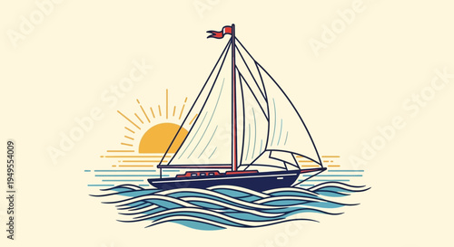 Elegant sailboat with flag sailing on calm ocean waves during sunset or sunrise, warm sky background.