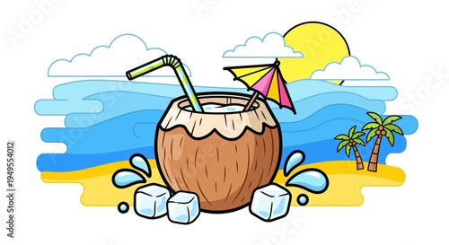 Tropical coconut cocktail with ice cubes on a sandy beach, palm trees and sunny sky background.