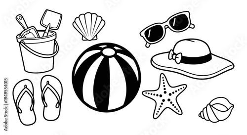Outline drawing of beach essentials including ball, sand toys, flip-flops, hat, and seashells, isolated white background.