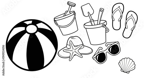 Outline drawing of beach ball, sand toys, flip-flops, hat, and sunglasses, isolated white background.