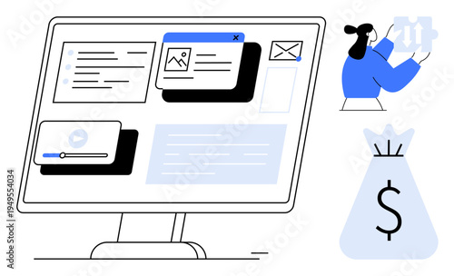 Computer screen with interface for multimedia content, woman holding growth symbol, and dollar sign bag. Ideal for content creation, digital marketing, e-learning, financial growth, revenue