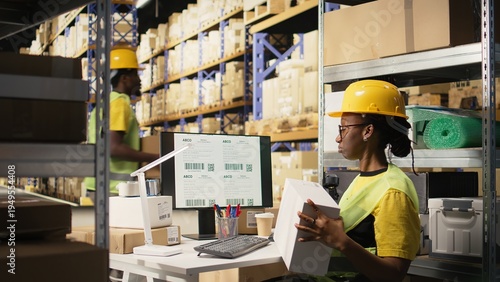 African american female verifying the shipment details on awb labels, using package tracking software system with accurate order status. Monitoring import export operations in depot. Camera A.
