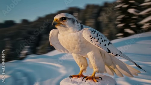Majestic white falcon flying and landing on snowy wooden post in winter mountain landscape