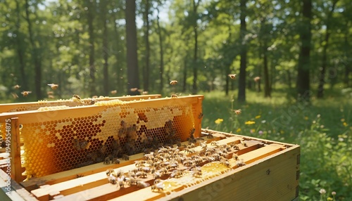 Bees Hovering Around Open Honeycomb in Sunlit Apiary