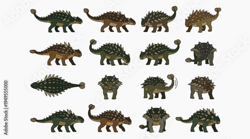 A collection of various detailed illustration of Ankylosaurus in different views and poses. Showcasing the unique armored dinosaur