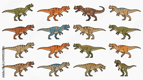 A group of colorful dinosaurs arranged in a grid, all facing in different directions. Each dinosaur has a unique color and pattern, creating a vibrant display. 