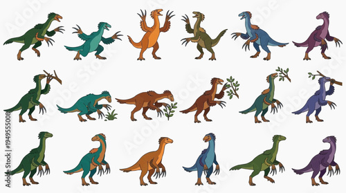 A colorful set of various therizinosaurus dinosaurs with different poses and colors