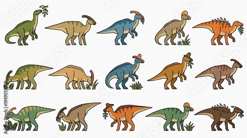 An array of colorful dinosaur illustrations, each unique in form and posture. These playful and eye-catching images evoke a sense of the prehistoric era.