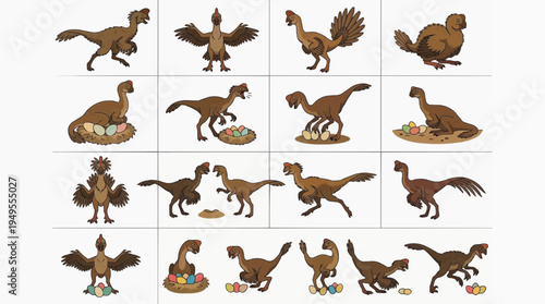 Various illustrations of different feathered dinosaurs in different poses 