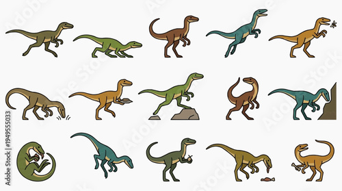 An illustration of various types of dinosaurs, with each of them in distinct stances and poses. These creatures showcase a diverse range of movements and appearances.