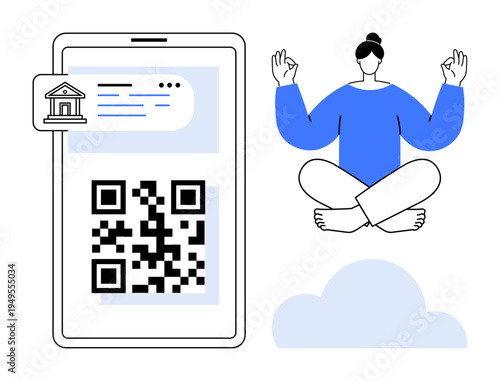 Digital banking, financial services, mindfulness, online payments, QR code scanning, modern transactions. A large phone displays a QR code and bank symbol while a person meditates. Digital banking