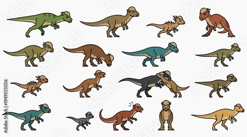 Illustration of various dinosaurs in a lively arrangement. These creatures, of diverse colors, showcase distinct characteristics, adding a dynamic flair to the visual