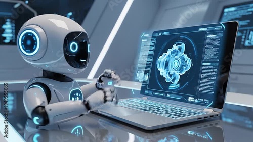 Cute robot interacts with holographic blueprint on futuristic laptop screen