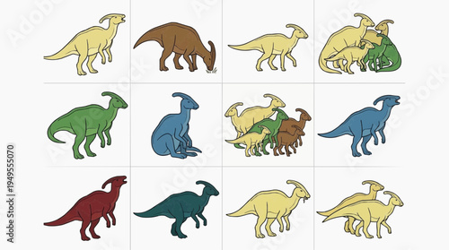 Various colorful dinosaur illustrations showcase the prehistoric creatures in different poses and colors
