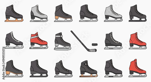 A collection of ice skates with hockey stick and puck