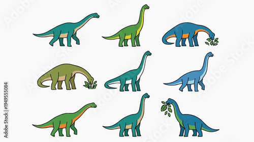 A collection of nine dinosaur illustrations in various colors and poses, perfect for educational content or creative projects.