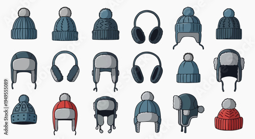 A collection of colorful winter hats and earmuffs in different styles