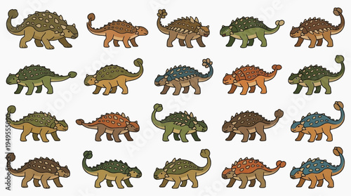 A collection of Ankylosaurus illustrations in various colors and poses, showcasing the diversity of this prehistoric creature. Each dinosaur has unique patterns and shades.