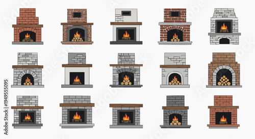 A collection of diverse fireplace designs with warm, inviting flames