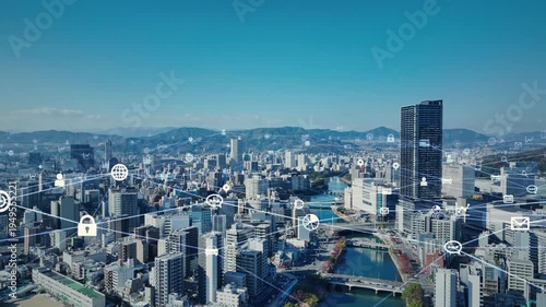 Conceptual images of drone aerial view of modern cities and digital networks.