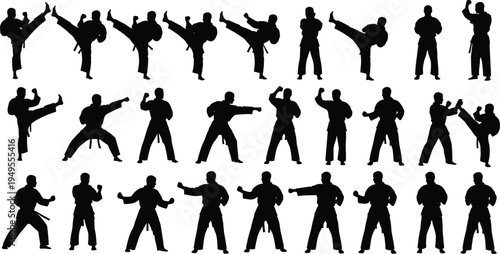 Karate fighter silhouettes performing kicks, punches and combat stances isolated vector collection for martial arts training, self defense and sport design