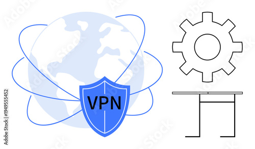 Digital security, technology management, data protection, network privacy, system setup, secure connection. VPN shield over a globe, gear and table icons. Digital security and technology management