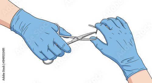 Medical hands wearing blue gloves holding surgical scissors and forceps performing sterile procedure illustration for healthcare surgery medical training vector concept